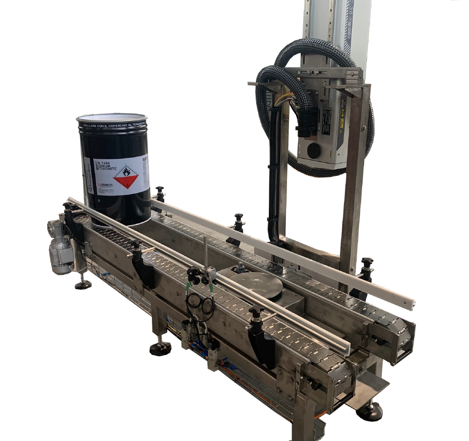 Conveyor with drum orientation for laser marking